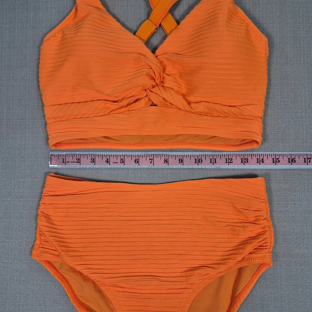 Herseas Large NWOT Orange Textured Twist Front High Waisted Bikini Set Swimsuit